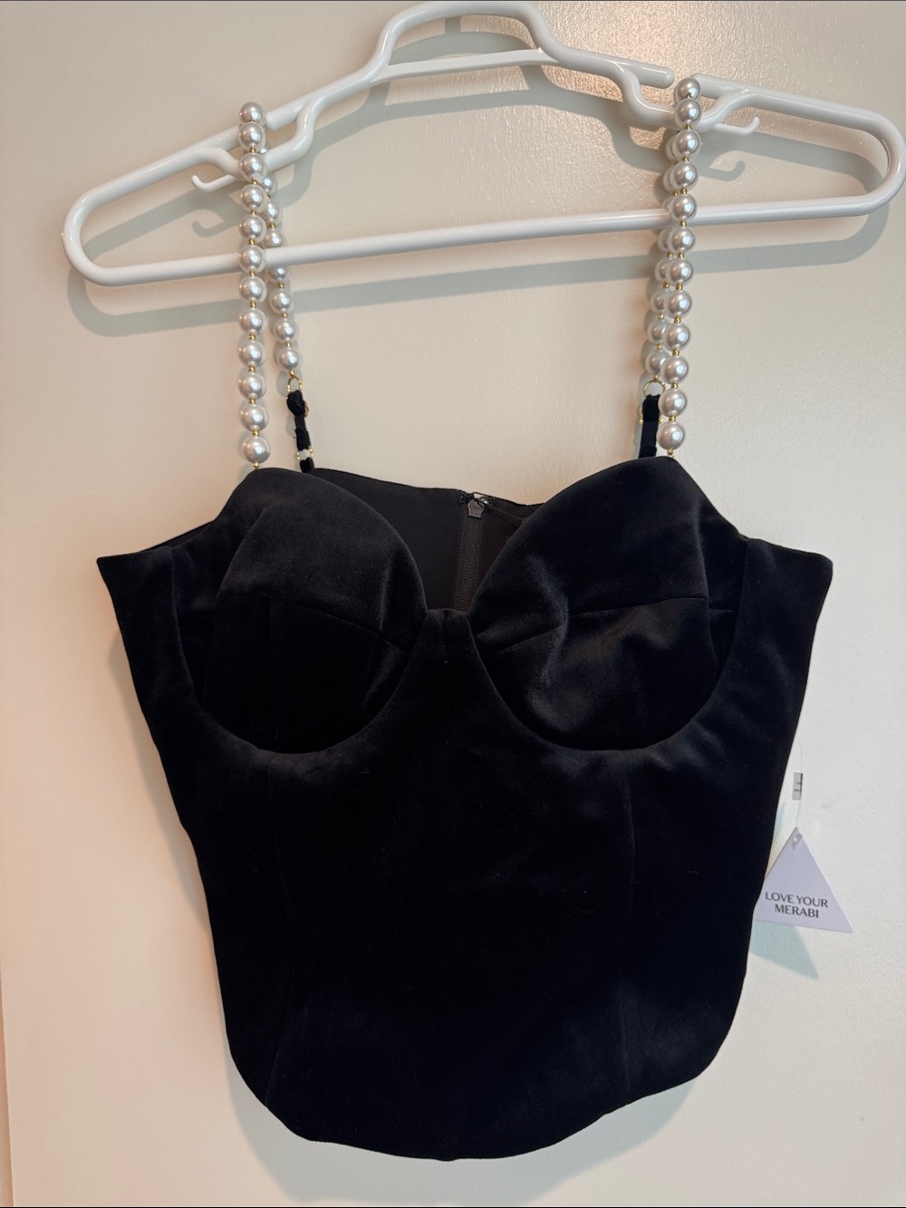 NADINE MERABI Black Velvet Bustier Top with Pearl Straps